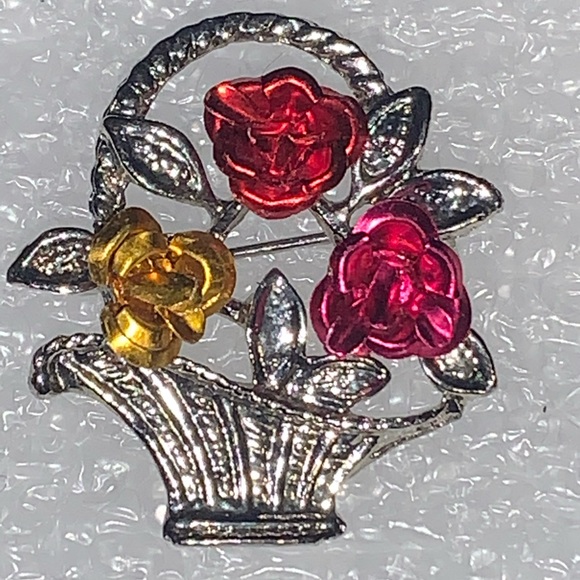 Red, Pink, & Gold Roses in Silver Tone Basket Brooch/Pin - Picture 5 of 16